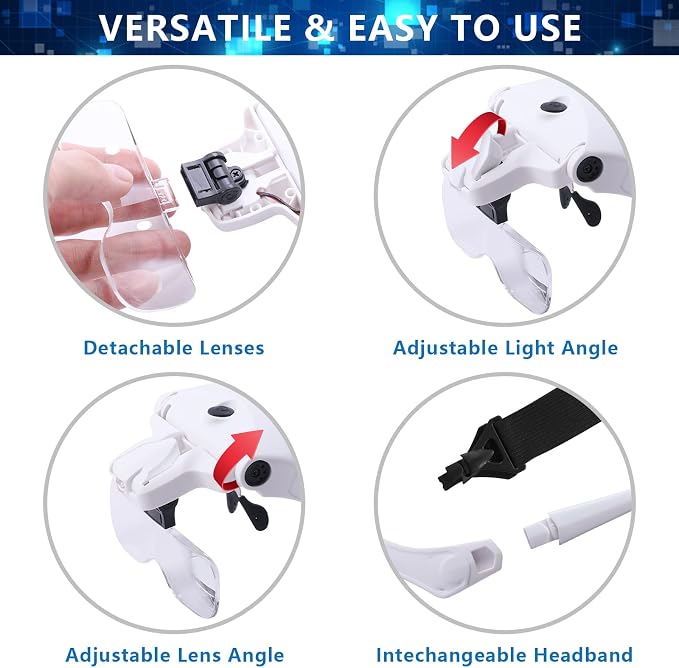 Hands Free Headband Magnifying Glass, USB Charging Head Magnifier with LED Light Jewelry Craft Watch Hobby 5 Lenses 1.0X 1.5X 2.0X 2.5X 3.5X (Upgraded Version)