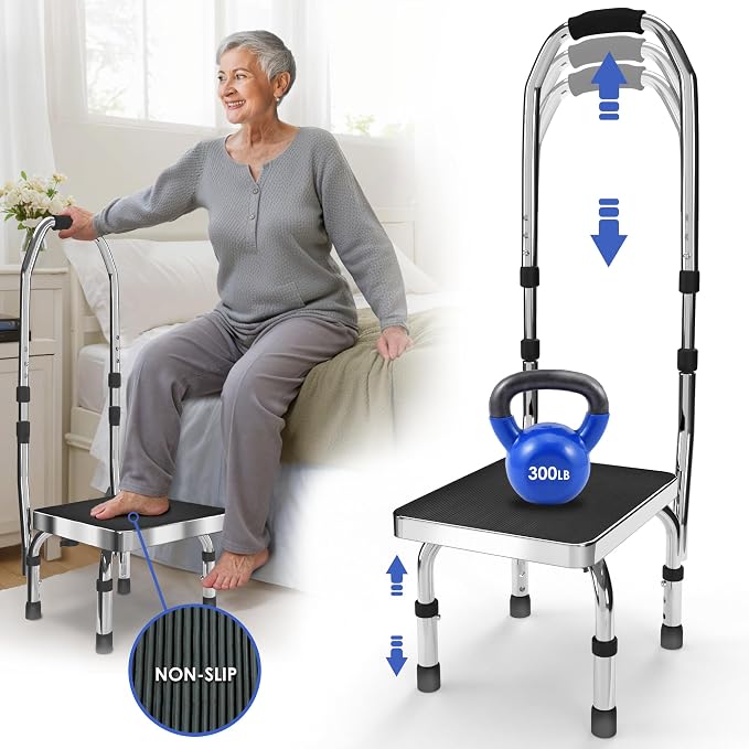 Step Stool with Handle for Elderly (300 lbs. Capacity), Adjustable Step Stools for Adults with Handrail, Non-Slip Heavy Duty Height Adjustable and Steel Frame Platform for high beds