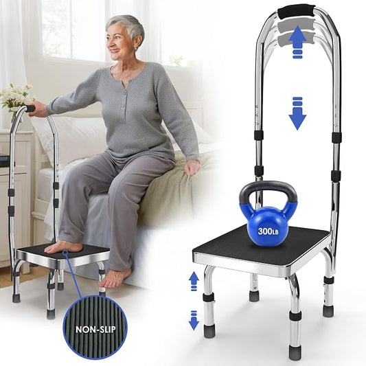 Step Stool with Handle for Elderly (300 lbs. Capacity), Adjustable Step Stools for Adults with Handrail, Non-Slip Heavy Duty Height Adjustable and Steel Frame Platform for high beds