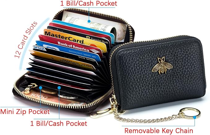 imeetu RFID Credit Card Holder, Small Card Wallet Women, Leather Card Case | Genuine Leather Women's Card & id Cases, Change Coin Purse with Zipper Keychain id Window, 20 Colors & 3 Styles, Daily, Gifts