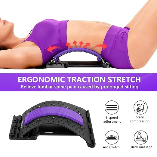 Back Stretcher - 4-Level Adjustable Lumbar Support Board & Back Cracker for Lower Back Pain Relief, Home Office Use (Purple)