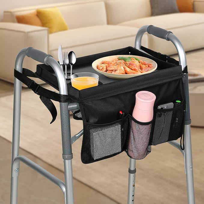Walker Tray for Folding Walker, Trays for Walkers for Seniors Detachable with Cup Holder,Walker Trays for Rolling Folding Walker,Walker Accessories for Elderly (Black with Baffles)
