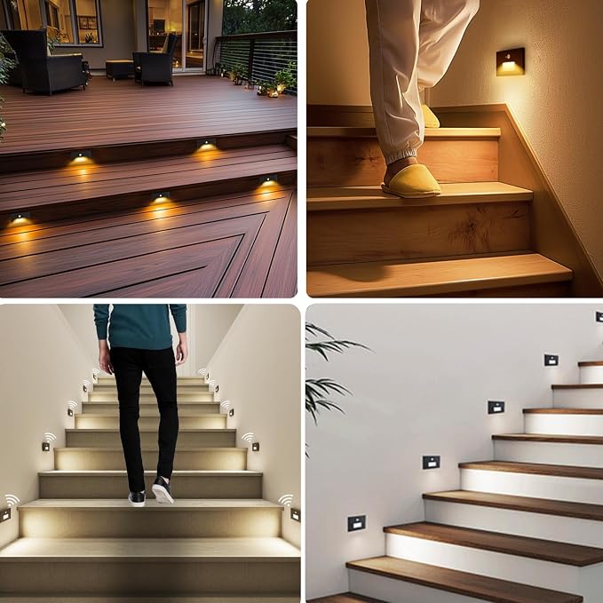 8 Pack 3CCT 120V Motion Sensor Step Lights with Dimmer Switch, Black | Hardwired LED Stair Lights Indoor Outdoor, 5%-100% Dimmable, 3000K/4000K/6000K, 5W 500LM, IP65 Waterproof, Aluminum, ETL