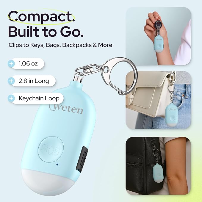 Rechargeable Personal Alarm Keychain, 130dB Siren, LED Light, Blue | Stylish Personal Safety Alert for Women to Carry, Panic Button Alarm for Security