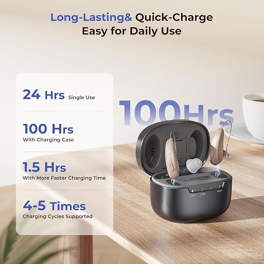 OTC Hearing Aids for Seniors - Invisible BTE Rechargeable Hearing Aids with AI Noise Canceling for Hearing Loss. Clear TV & Conversations, IP65 Waterploof, 100H Playtime, Auto On/Off