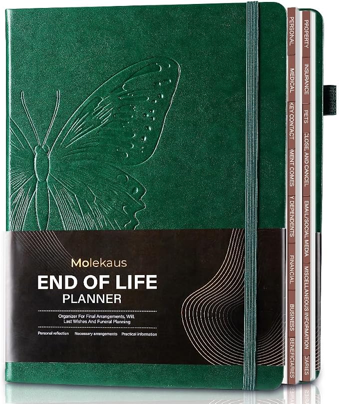 Molekaus End of Life Planner with Tabs, 7"x10" | Guided Estate Planning Organizer, Large Print, 120GSM Thick Paper, Inner Document Pockets for Final & Legal Affairs, Green