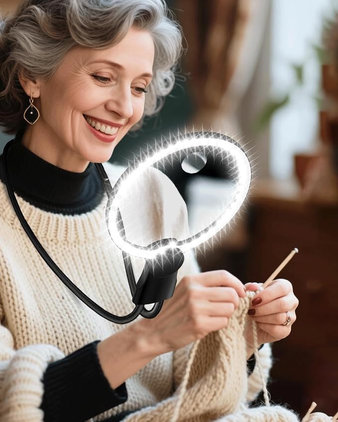 Hands Free Magnifying Glass with Light, 5X 15X Lighted Neck Magnifier for Craft Cross Stitch Needlepoint Needlework Sewing Embroidery Reading, Magnifying Glasses for Close Work, Low Vision Seniors