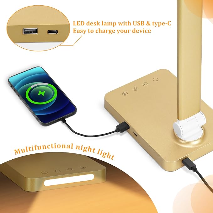 LED Desk Lamp with USB Ports,Touch Desk Lamps for Home Office with 5 Modes | 3 Brightness Desk Light with Small Night Light,Reading Lamp Table Lamp for Bedroom Bedside Study Gold （with adapter）