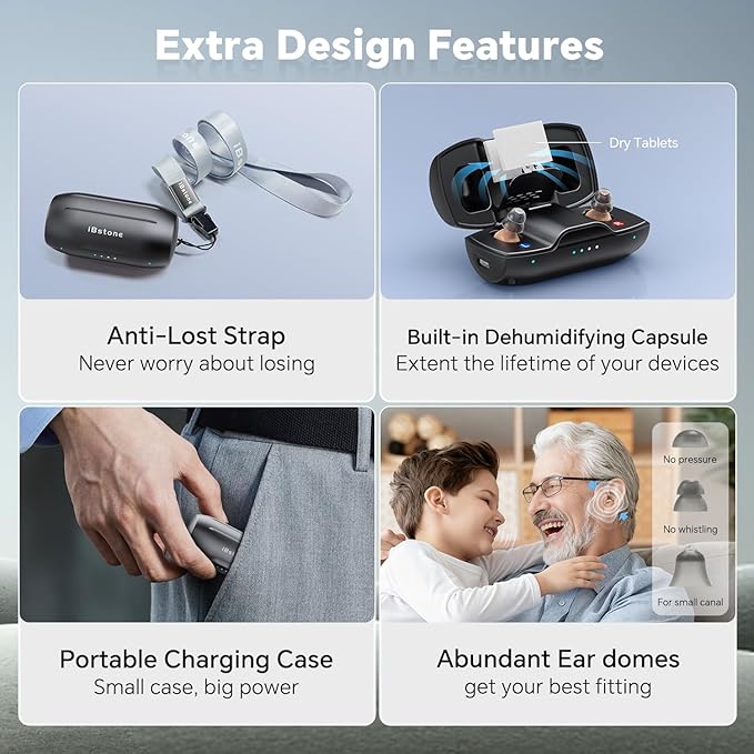 iBstone Nova Hearing Aids for Seniors Adults – Superior Sound Quality, Smart Noise Cancelling, No Feedback, Auto On/Off, Rechargeable, with Dryer Department & Anti-Lost Lanyard, Over-The-Counter