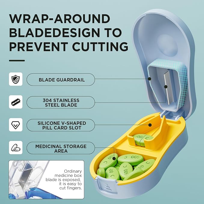 Pill Cutter for Small and Tiny Pills - Pill Splitter with Detachable Silicone Pad - Easy Open Snap Button. Wrap-Around Blade Guard Prevents Cuts. Back Storage (Blue)