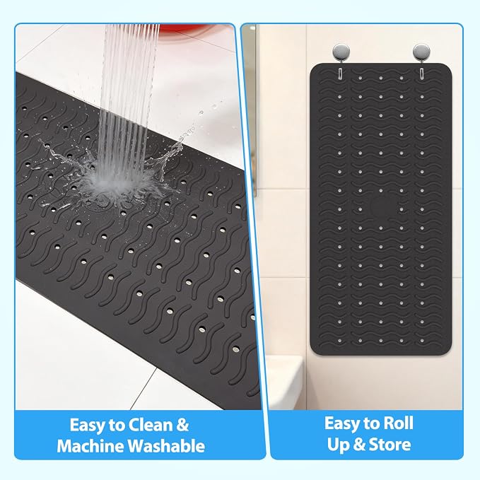 Non Slip Bathtub Mat & Shower Mat, 31x15'' Anti Slip Bath Mat for Tub, Soft TPE Anti-Skid Bathroom Mat with 194 Suction Cups & Drain Holes, Wave-Textured Grip, Machine Washable, Black