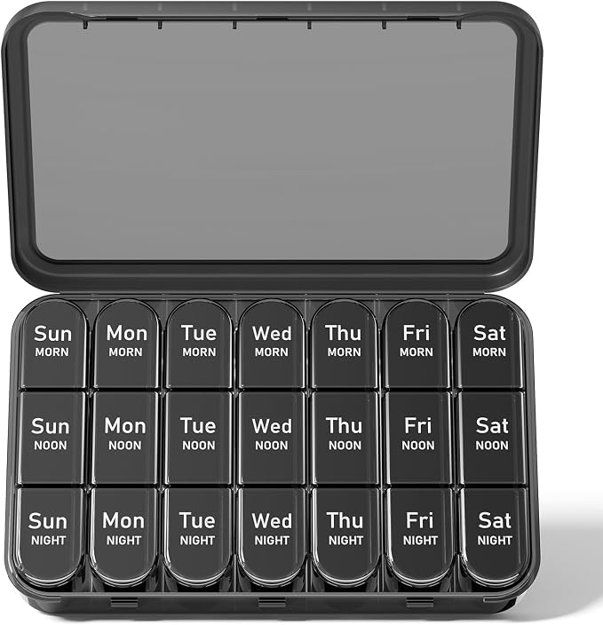 Pill Organizer 3X a Day, Medicine Pill Organizer 7 Day, Weekly Pill Case with 21 Compartments for Medicine, Vitamin and Supplement, Full Black