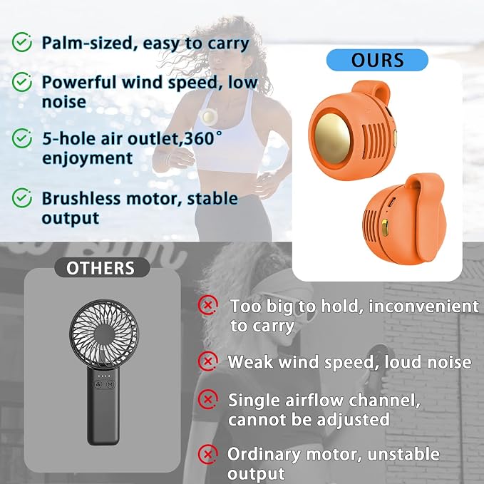 Portable Clip-On Fan, Mini USB Rechargeable 360° Rotatable Fan, Personal Fan 3-Speed Silent Mini Bladeless Fans (Orange)