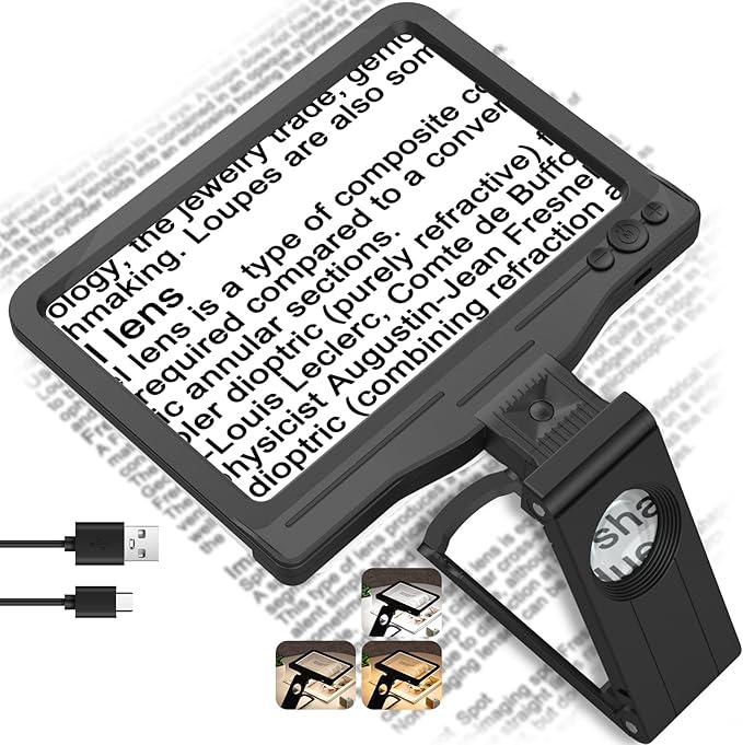 30X 6X Rechargeable Magnifying Glass for Reading, Large Full Page Magnifier with Folding Stand, 3 Color Light Modes, Dimmable LED Lighted, Hands Free Book Magnifier for Fine Prints Low Vision Seniors