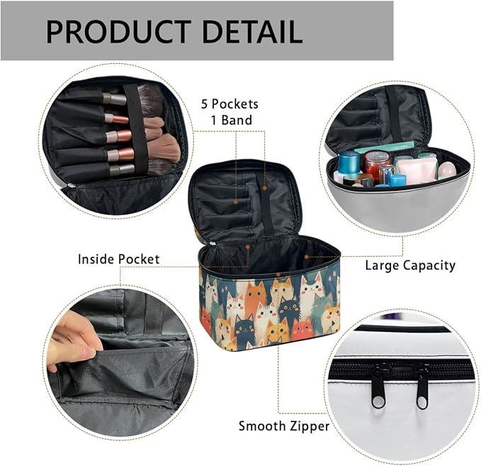 Kawaii Kitty Cats Large Makeup Bag Women Cosmetic Bags for Purse, Cartoon Colorful Cat Print Toiletry Bag for Women, Dopp Kit for Toiletries Accessories