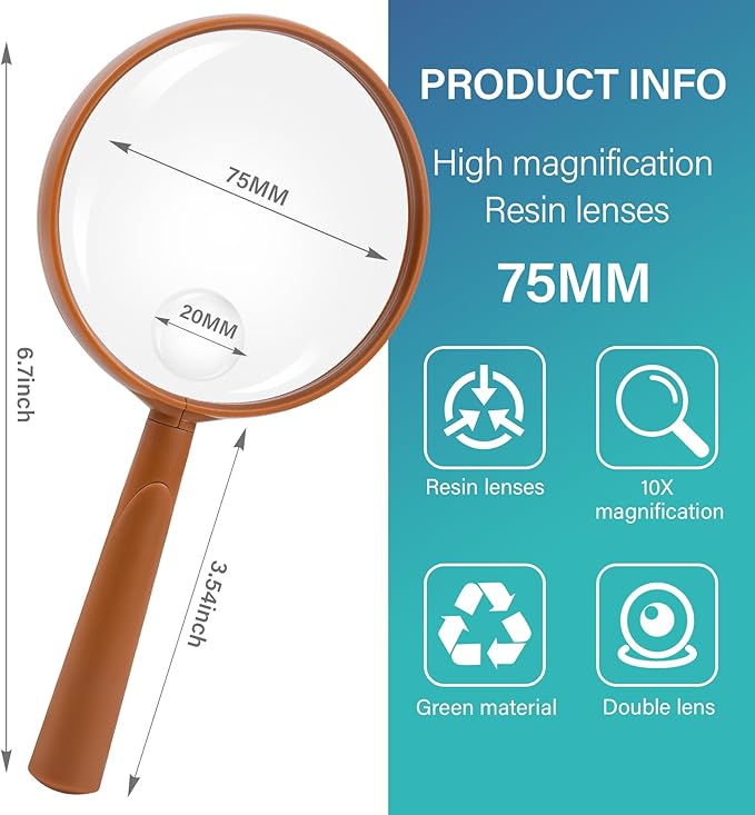 Feosky Handheld Reading Magnifier, 10X Magnifier, 75mm Shatterproof Lens, Adults Close Work Non-Slip Handle for Seniors Reading and Nature Exploration(Light Brown)