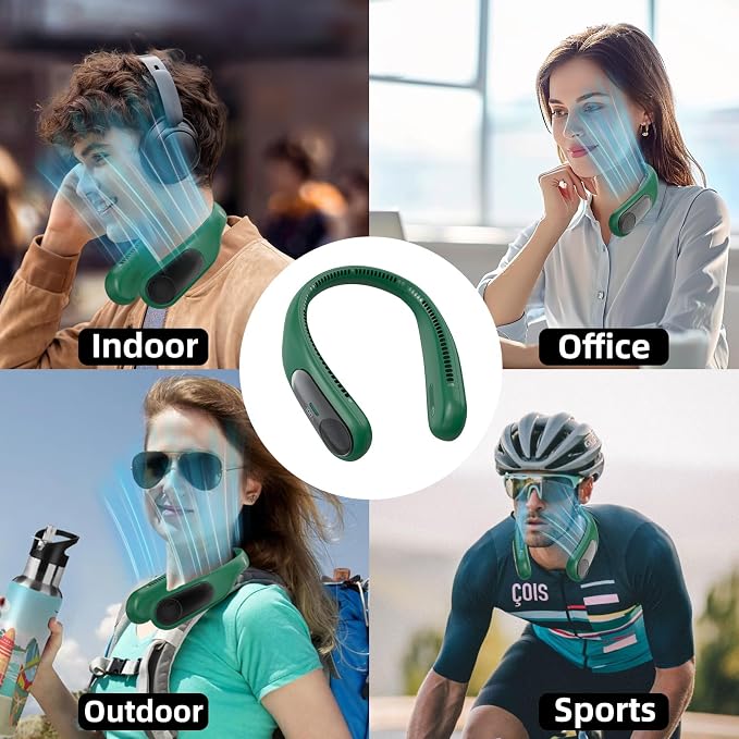 Portable Neck Fan, Personal Wearable Bladeless Fan for Outdoor Indoor, LED Display, 360° Cooling, 4-Speeds, 6000mAh USB Rechargeable, Birthday Gifts for Men Women Dad Mom (Dark green)