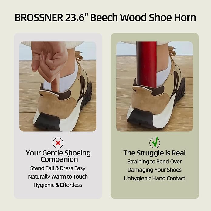 Brosisincorp Wooden Shoe Horn Long Handle for Seniors Helper | Solid Black Walnut Wood, Smooth Finish, Leather Hanging Loop Wall Mount, Reduce Bending Over, for Pregnant Women Back Pain