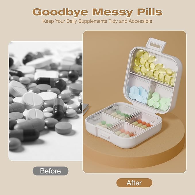 Small Travel Pill Box, Double Layer 7-Compartments Pill Organizer, Portable Weekly Pill Case Container for Pocket, 7 Day Compact Medicine Holder for Vitamins, Fish Oils, Supplements White