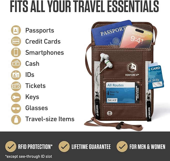 VENTURE 4TH Travel Neck Wallet, RFID Blocking Passport Holder - Brown