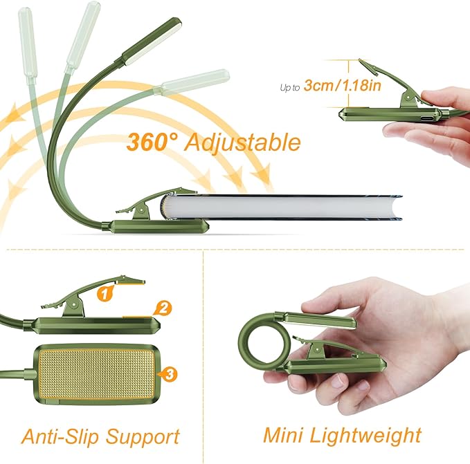 Gritin 9 LED Rechargeable Book Light for Reading in Bed - Eye Caring 3 Color Temperatures,Stepless Dimming Brightness,80 Hrs Runtime Small Lightweight Clip On Book Reading Light -Intense Green