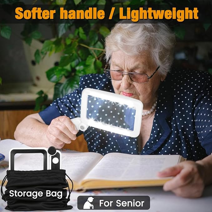 Rechargeable Magnifying Glass with Light for Reading, 5X Large Page Magnifier with LED Lighted for Seniors Low Vision, Folding Handheld Rectangle Magnifier for Reading Small Print Black-White