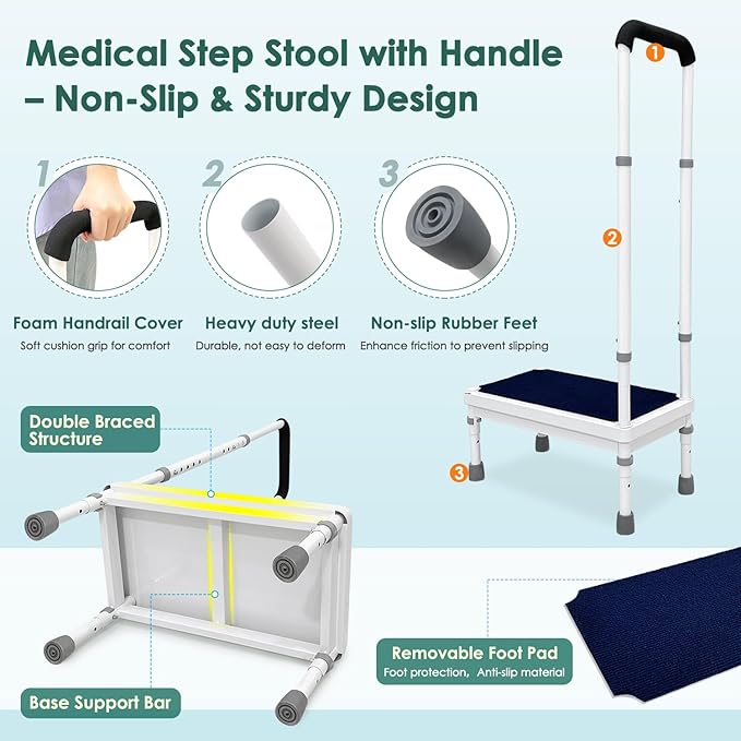 Medical Step Stool with Handle for Elderly Bed Side Stools for High Beds Adult Seniors Safety Bedside Steps Adjustable Heavy Duty Stepping Stool Metal Platform RV Bathtub Car Bedroom Assist (17.8")