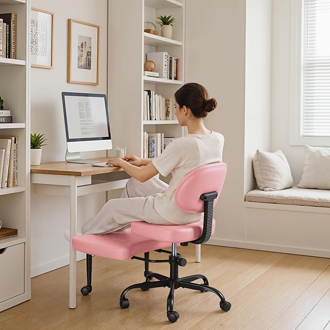 Ergonomic Cross Legged Office Chair with Wheels - Adjustable Height Kneeling Meditation Chairs for ADHD, Yoga & Desk Work - Wide Criss Cross Seat with Lumbar Support, Pink