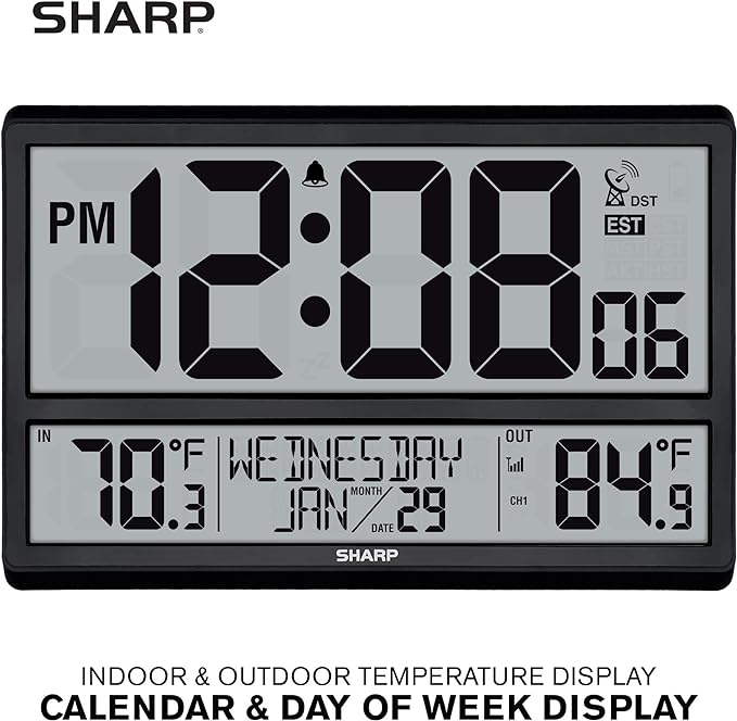 Sharp Atomic Clock - Never Needs Setting! –Easy to Read Numbers - Indoor/Outdoor Temperature, Wireless Outdoor Sensor - Battery Powered - Easy Set-Up (4" Numbers)