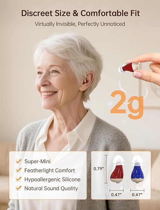 OTC Hearing Aids for Seniors, Nearly Invisible Rechargeable Hearing Aids, 100+ Hours of Charging Case Usage, Super-Mini Invisible Design, Comfort Fit in Ear Canal, AI Noise Cancellation and Clear Sound, Suitable for Various Daily Scenarios