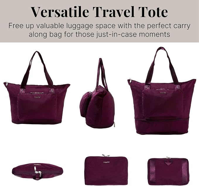 Baggallini Carryall Expandable Lightweight Travel Tote 22" Packable Folding Compact Nylon Washable Weekender w/Luggage Sleeve