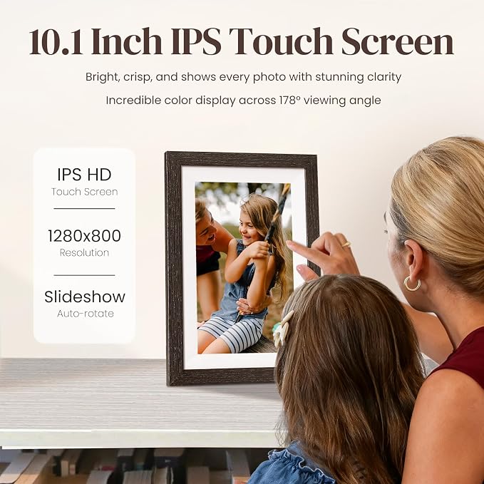 BIHIWOIA 10.1'' Frameo Digital Picture Frame, 32GB WiFi Digital Photo Frame, 1280x800 IPS Touch Screen, Auto-Rotate, Slideshow, Send Photos/Videos via Free App(Black Wood Frame)