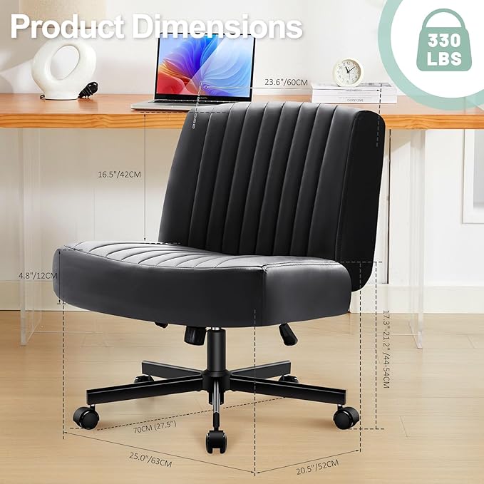 Criss Cross Chair with Wheels,Thick Padded Leather Cross Legged Office Desk C Hair with Pocket Spring Cushion,Dual-Purpose Base,Wide Adjustable Computer Home Office Vanity Chair,Black