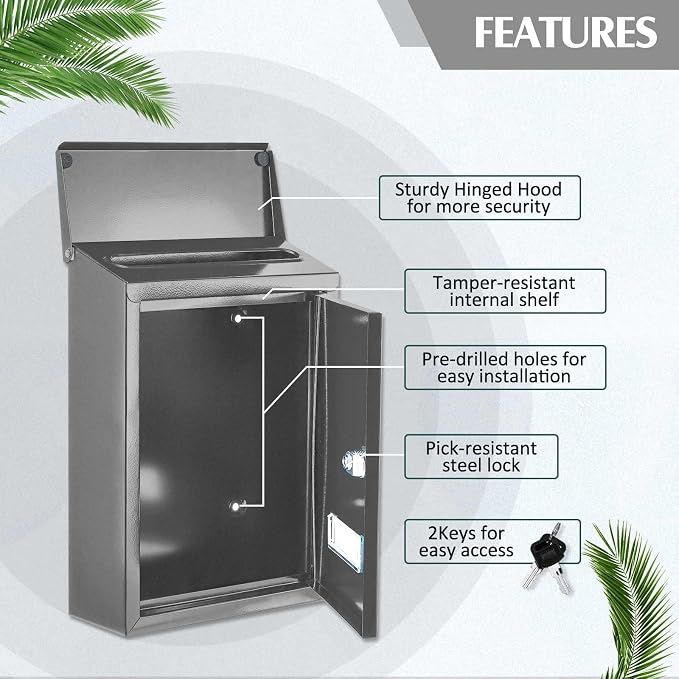 Amylove Weatherproof Mail Boxes with Key Lock, Security Locking Wall Mount Metal Mailbox with Slot for Outside, Large Capacity for Mail, Packages, Donations, Voting 11. 8" h x 8. 3" l x 2. 8" w, Gray