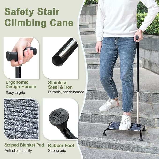 Stair Climbing Cane Lifts for Seniors Half Step Climbing Aid Walker Elevator Stairs Assist Elderly Standing Helper 4 Prong Large Base Quad Walking Sticks Adjustable Stability Balance Devices