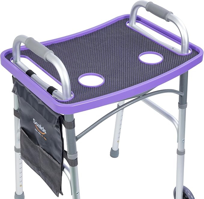 Walker Tray for Seniors with Dual Cup Holders & Side Pouch (Purple) | Durable Food & Drink Table, Lightweight with Non-Slip Pad, Compatible with Walker of 10210-1 Model