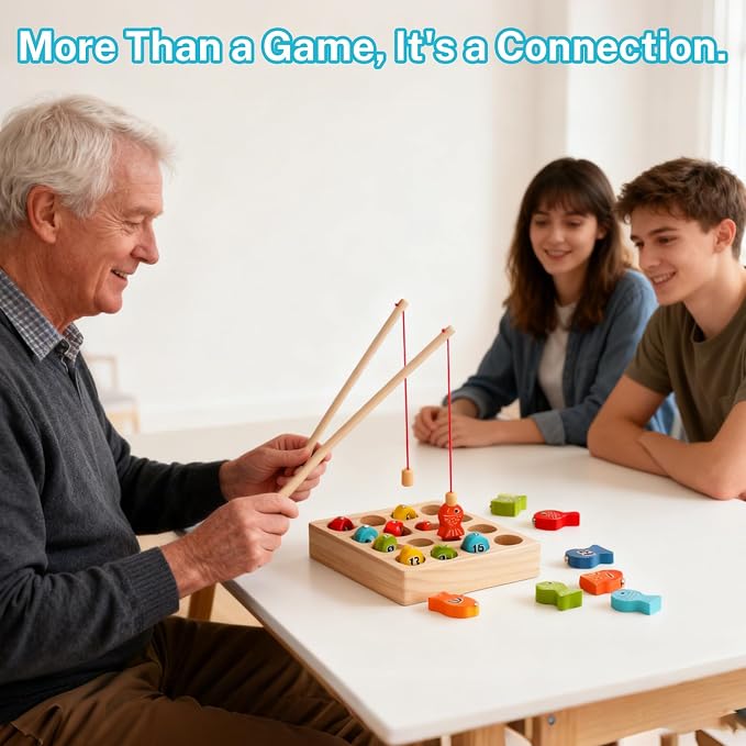 Dementia Magnetic Fishing Game, Wooden Cognitive Toy for Seniors | Alzheimer memory training toy, improves seniors fine motor skills, wooden magnetic brain exercise game