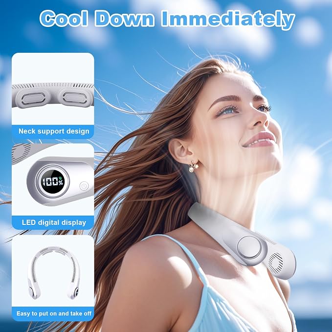 Portable Neck Fan that Blow Cold Air, LED Display, Rechargeable Hands-Free Wearable Cooling Personal Fan, 5 Speed, Neck Support, Bladeless Neck Air Conditioner, Gifts for Women/Men, Hot Flashes