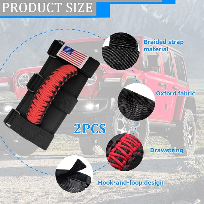 2PCS Car Roll Bar Grab Handles, Oxford Cloth American Flag ATV Paracord Grip Handle with Metal Buckle, Heavy Duty UTV Roll Cage Grab, Compatible with Wrangler JL, JT, JK (Red)