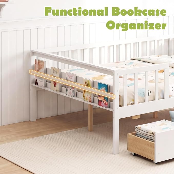 Giantex Full Kids Bed with Storage Drawers, Wood Montessori Bed with Rails & Side Shelf, Low Daybed Bed Frame for Boys Girls, No Box Spring Needed (White)