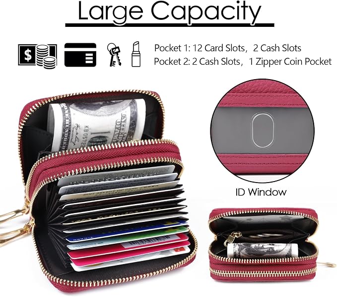 imeetu RFID Credit Card Holder, Small Card Wallet Women, Leather Card Case | Genuine Leather Women's Card & id Cases, Change Coin Purse with Zipper Keychain id Window, 20 Colors & 3 Styles, Daily, Gifts