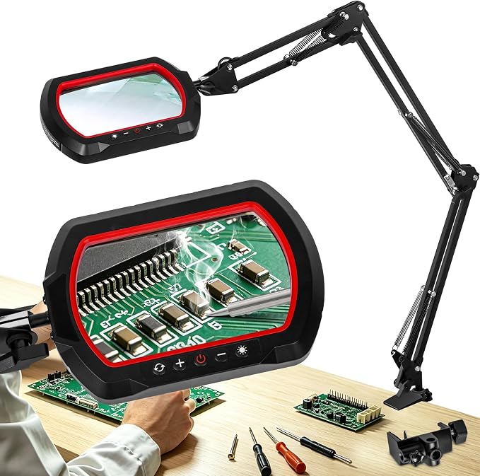 12X Rectangle 3-Section Magnifying Glass with Light and Clamp-Red | 5 Color Mode & Stepless Dimming LED Lamp, 4-Way Desk Clip, Ultra Long Lighted Magnifier for Workbench Craft Soldering Sewing