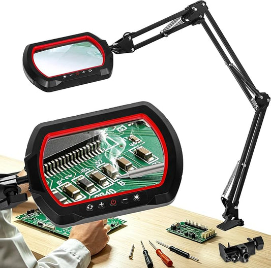 12X Rectangle 3-Section Magnifying Glass with Light and Clamp-Red | 5 Color Mode & Stepless Dimming LED Lamp, 4-Way Desk Clip, Ultra Long Lighted Magnifier for Workbench Craft Soldering Sewing