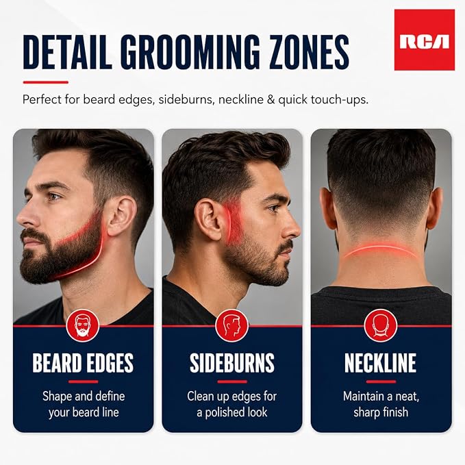 RCA Touch-Up Trimmer for Men, Cordless Travel Size Facial Hair Trimmer with Stainless Steel Blades, Lightweight Portable Beard Detailer for Mustache, Sideburns & Neckline