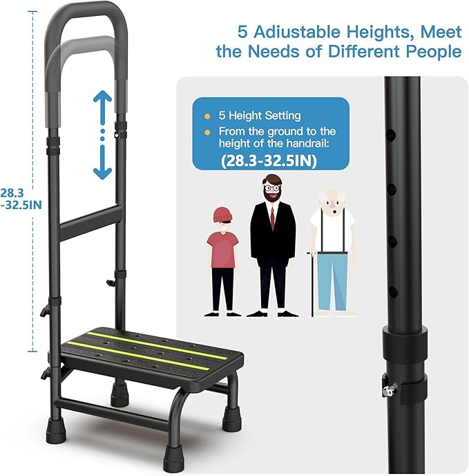 Step Stool with Handle for Elderly Adults, Non Skid Platform & Adjustable Handrail, Medical Stepping Stool for High Bed Mobility & Daily Living Aids, Bedside Car Stair Lift for Senior 350lbs