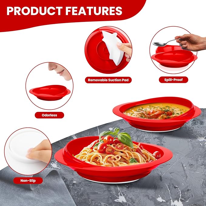 2Pack Spill Proof Scoop Plate with Non-Skid Suction Base, Adaptive Self-Feeding Dinnerware for Elderly and Disabled(Red)