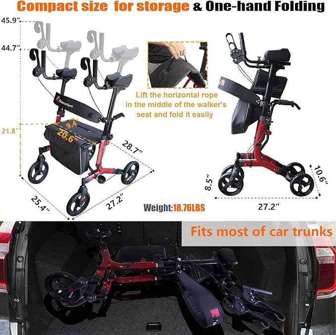 Aliseniors Upright Walker, Stand Up Rollator Walker with Seat, Foldable 4 Wheel Rolling Walker, Medical Aluminum Walkers for Seniors, Adjustable Padded Armrests, 8" Wheels, Supports 300lbs, Red