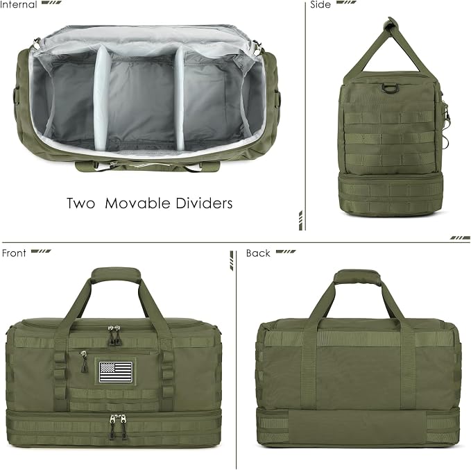 Gym Bag for Men Women, Carry on Luggage 22x14x9 Airline Approved Duffle Bag | Tactical Travel Bags with Toiletry Bag and Shoe Compartment, Weekender Overnight Duffel with Wet Pocket for Workout, Green