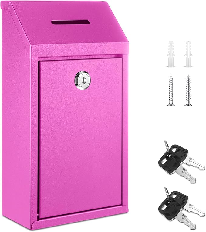 Yaocom Metal Money Box,Rose Red,10.24 x 5.71 x 2.95 Inch,No Lid | Wall Mounted Drop Donation Cash Box for Farm Stand Collection Safe Suggestion Box with Lock Container for Home Office Outdoor