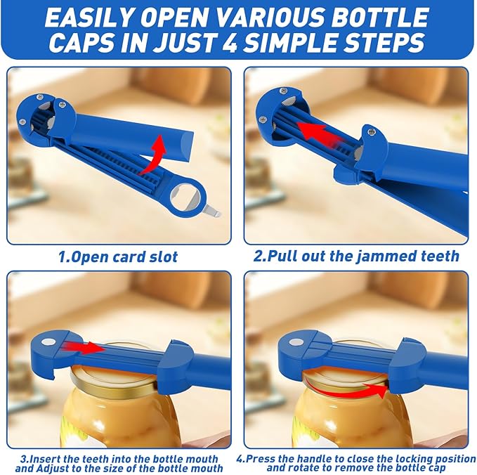 Jar Opener Bottle Opener for Seniors with Arthritis, Multi Retractable Magnetic Can Opener, Jar Grippers for Opening Jars, Kitchen Gadgets for Weak Hands and Senior Arthritis (Blue)
